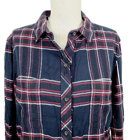 Athleta Flannel Shirt S Blue Red Plaid Button‎ Front Chest Pockets Casual Top - Picture 2 of 8